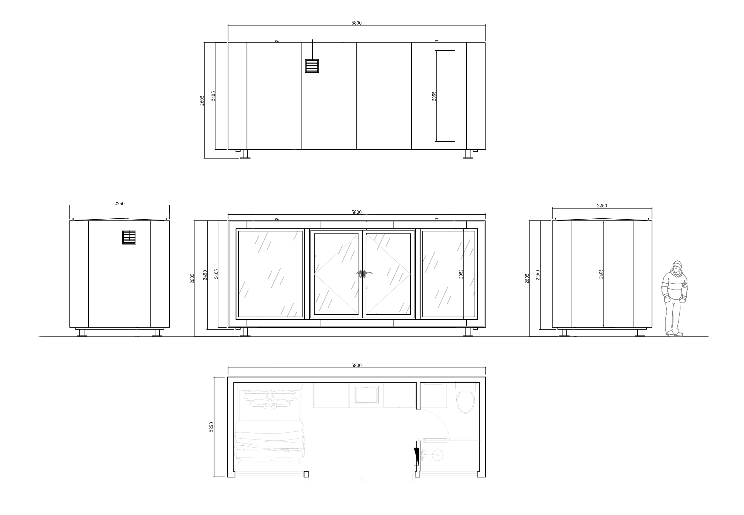 REFLECT mirror cabin floor plan and elevation drawings — 5.8 m by 2.25 m footprint, Drumbo Ontario