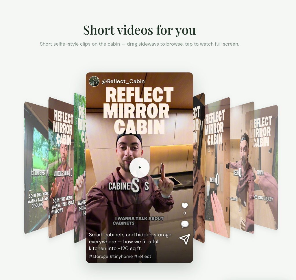Short videos of REFLECT mirror cabin tiny home features — kitchen, bathroom, Murphy bed
